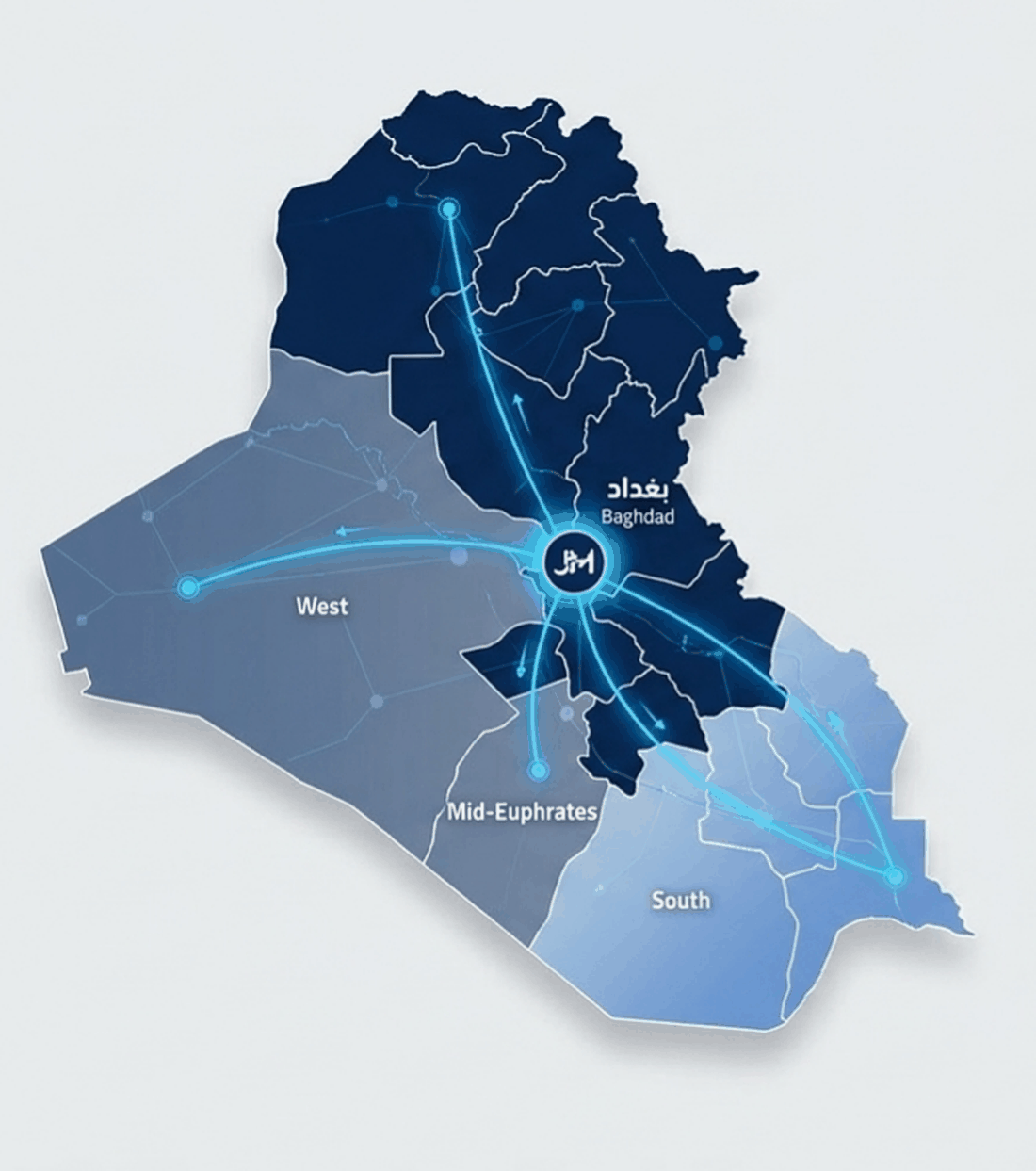 خريطة العراق توضّح مناطق توزيع شركة جوهرة مندلي انطلاقاً من بغداد